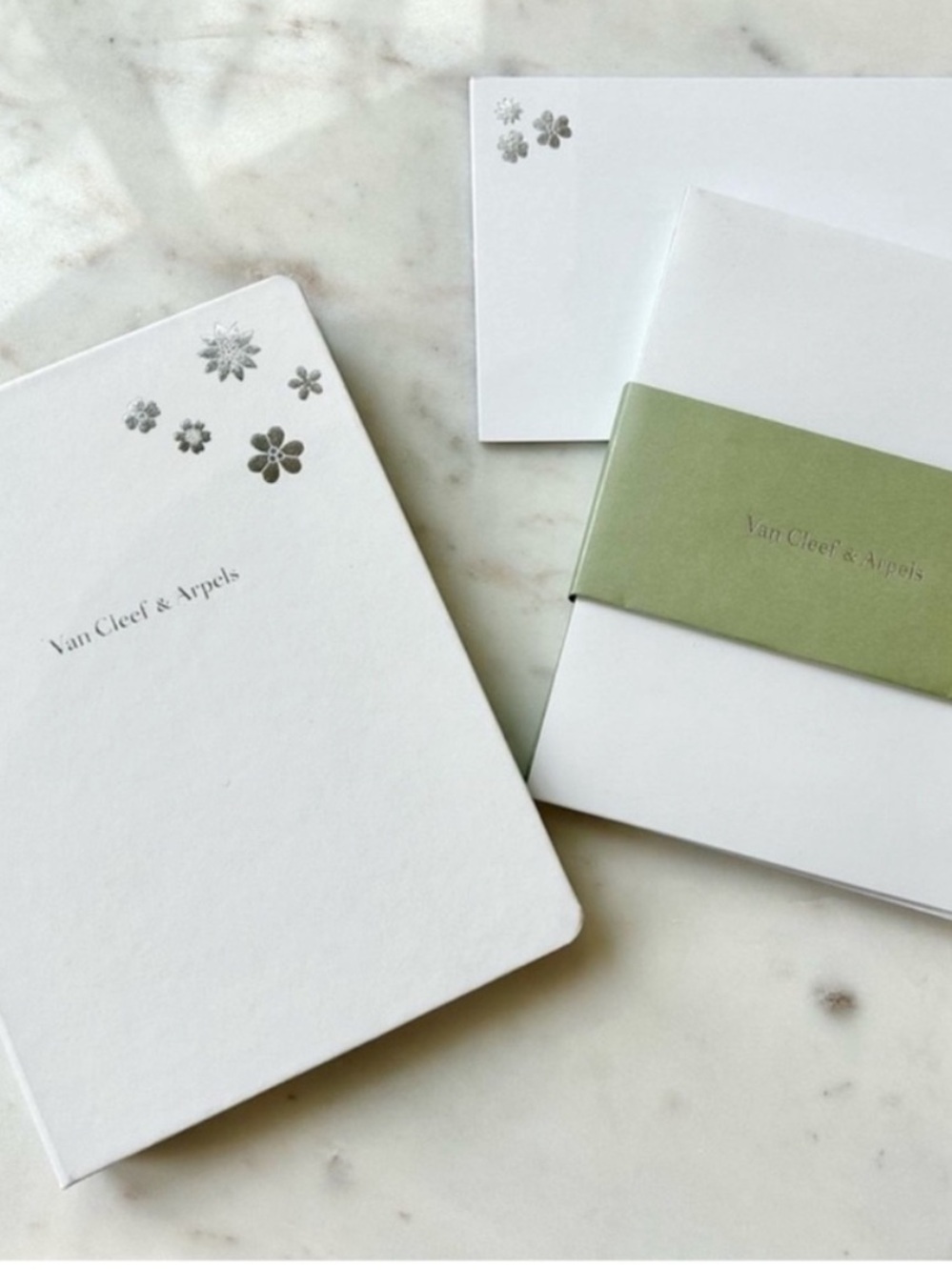 Van Cleef & Arpels White Notecard Set with Green Band and Silver Floral Accents